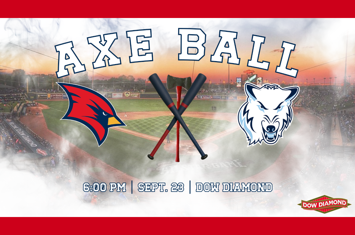graphic of two baseball bats crossed with cardinal head and timber wolf head flanking